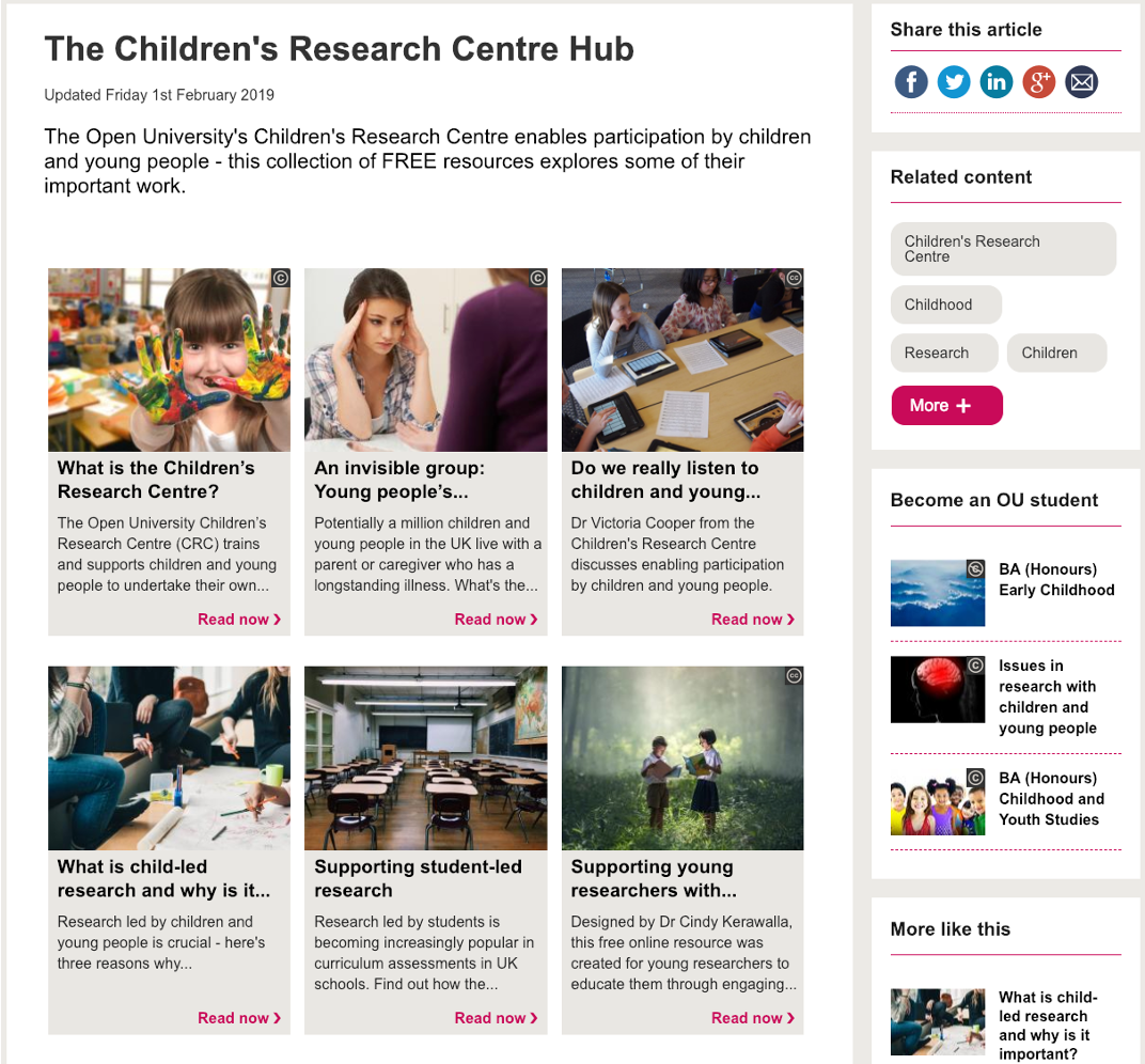 Screenshot from The Children's Research Centre Hub page.