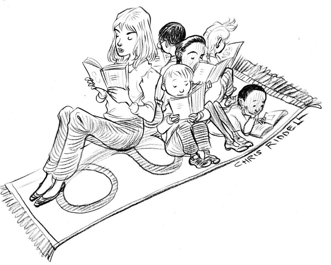 A black and white illustration of a group of children reading books upon a flying magic carpet.