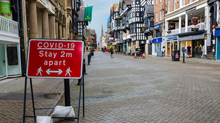  A general street scene of Chester City centre showing some traffic & pedestrian restrictions which have been put in place to allow social distancing due to Covid-19 pandemic.