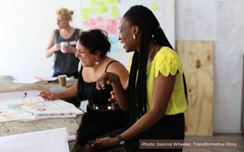 Three women in an art space. Two in the foreground laugh as one creates a piece of artwork.