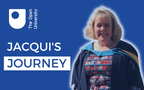 Cutout photograph of Jacqui Ross in her graduation gown on a blue background. The OU logo appears in the top left with the words 'JACQUI'S JOURNEY' written underneath.