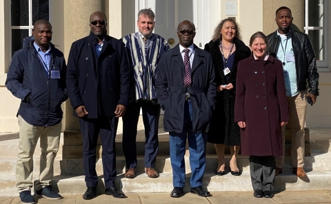 Some of the Ghana Ministry of Education delegation outside Walton Hall.   (L-R: Dr Eric Nkansah, Dr Eric Addae-Kyeremeh, Olivier Biard, Prof Mark Adom-Asamoah, Babette Oliver, Dr Jane Cullen, Nana Gyamfi Adwabour.)