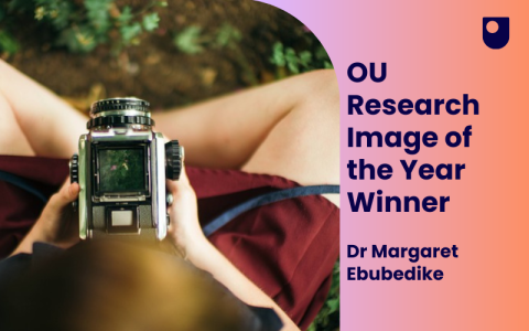 A graphic showing a photo looking down on a girl sitting on grass holding a camera. The words to the right of the graphic read, OU Research Image of the Year Winner Dr Margaret Ebubedike