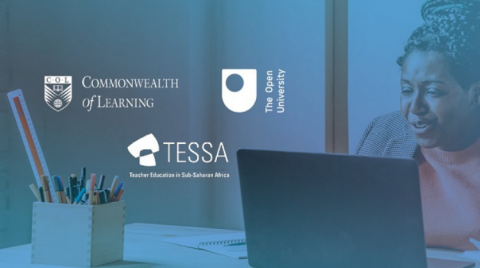 A black woman in her 30s/40s sits at an office desk looking at a laptop screen. Overlaid are the logs of the OU, Commonwealth of Learning and TESSA.