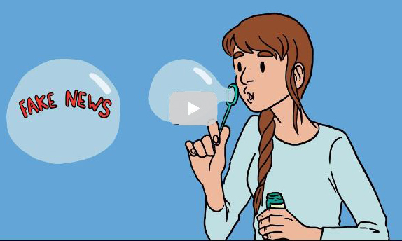 Cartoon girl blowing fake news bubbles