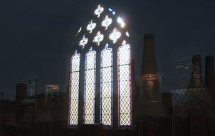 Longton Spiritualist Church merged with a background of bottle kilns