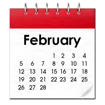 A February calendar page features a spiral binding with five silver rings, a red top section, and a white bottom section. 'February' is in bold black letters, with dates arranged in a grid from the 1st to the 28th.