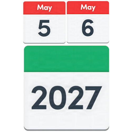 The image shows three squares with a date in them. The first square says fifth of May. The second square says 6th of May. The final box has the year, which is 2027 