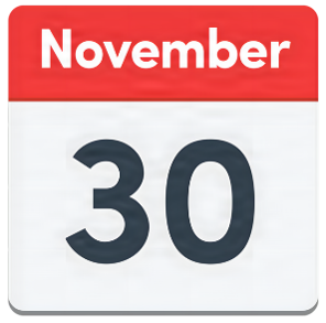 A simple, modern calendar icon features a rectangular shape with a red top section labelled 'November' in bold white font and a white bottom section displaying '30' in large, bold black font, representing the date November 30th. The design is clean and minimalistic.