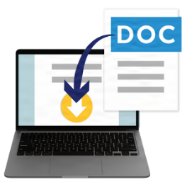 A laptop shows a document on its screen. Next to it, a DOC document icon appears with an arrow pointing from the laptop to the icon, suggesting a file download or transfer.