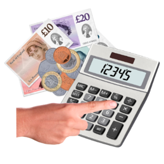 A hand is pressing the buttons on a digital calculator displaying 12345. Surrounding the calculator are British banknotes and coins, suggesting financial calculation or fees.