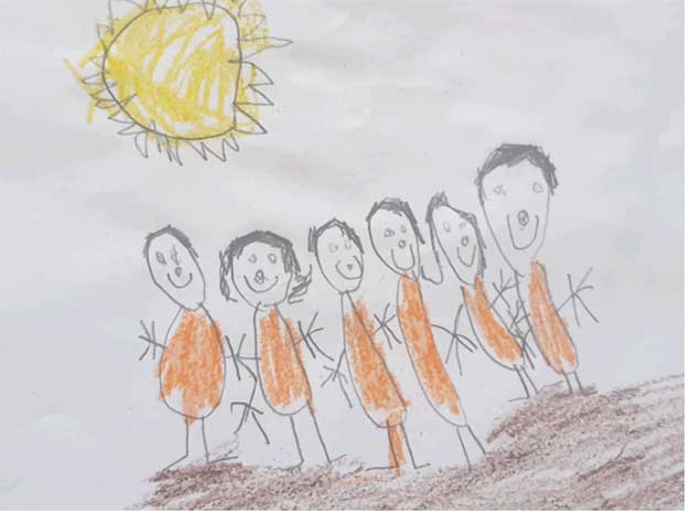 a child's drawing with children smiling and playing under the sun