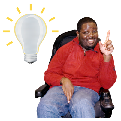 A bearded man in glasses, a red sweater, and blue jeans sits in a wheelchair, raising his right hand with an upward-pointing index finger. Beside him, a large light bulb illustration with emanating rays signifies an idea. The transparent background highlights them both. 