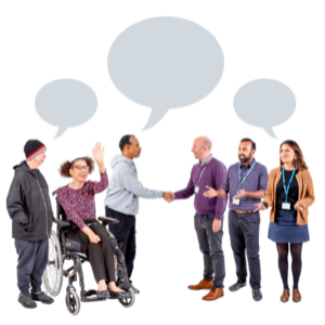 Group Handshake amongst group with speech bubbles above