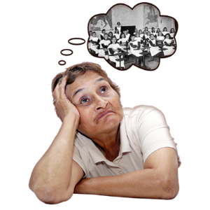 A woman with her head in her hands with a thought bubble containing a black and white photo of children