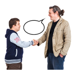 Photo of two men shaking hands and a speech bubble