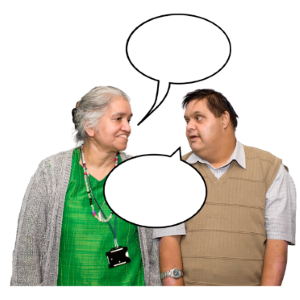 Two people looking at each other with empty speech bubbles