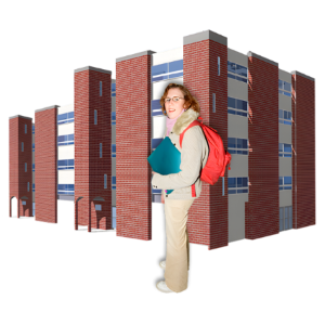 Woman with rucksack in front of building