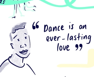 An illustration of a man with the words "Dance is an ever-lasting love"