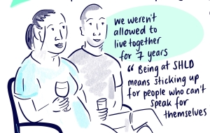 An illustration of two people sat together holding a drink it has the words "we wereb't allowed to live together for 7 years. Being at SHLD means sticking up for people who can't speak for themselves."