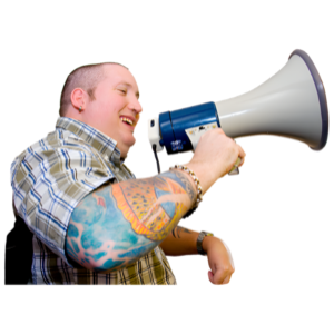 Man speaking into a loudspeaker