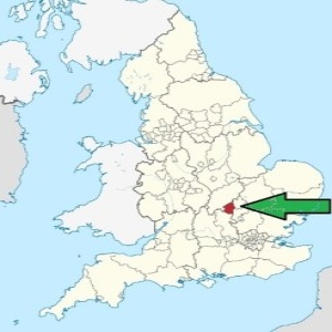 A map of the UK with an arrow pointing to Milton Keynes