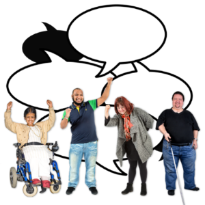 A group of people stood together with empty speech bubbles behind them