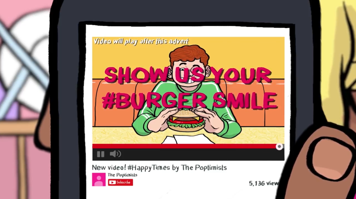 A cartoon shows a hand holding a mobile phone, upon which is a video advertising a burger. The advert is brightly coloured and appealing.