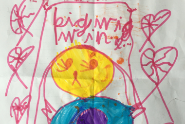 Child's drawing of a character outlined in pink