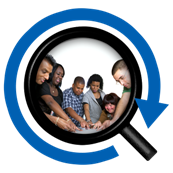 People sat inside a magnifying glass with an arrow going round the outside