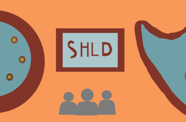 SHLD written in red on top of a blue square with an orange background above three grey silhouettes