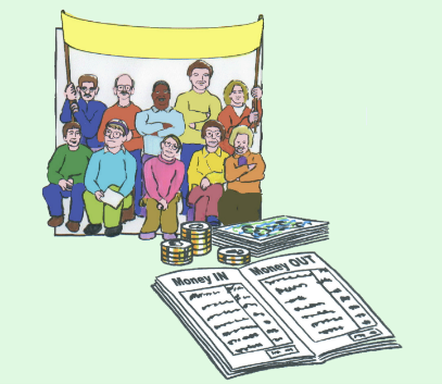 Illustration of people stood and sat together under a banner