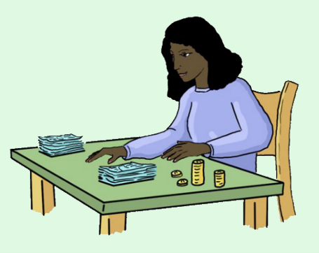 Illustration of a lady at a table with money laid out in front of her