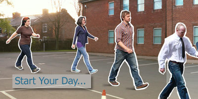 Screen caption of interactive activity test, with four people walking in line in a parking lot