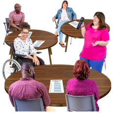 People sitting around round tables