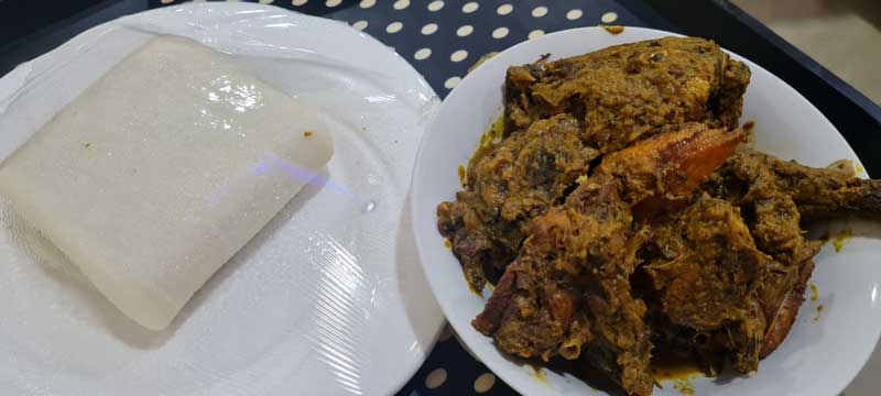 a photos of a portion of ‘Swallow’ (Cassava fufu) and soup