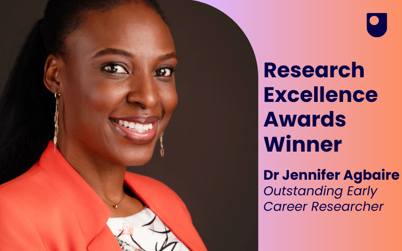 A graphic of Dr Jennifer Agbaire with the words, Research Excellence Awards Winner, Dr Jennifer Agbaire Outstanding Early Career Researcher