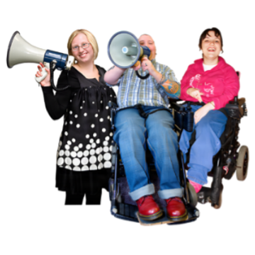 Three disabled people are next to each other with a white background. Two people are in wheelchairs, the other person is standing up. Two people are holding megaphones, suggesting they are calling for change.