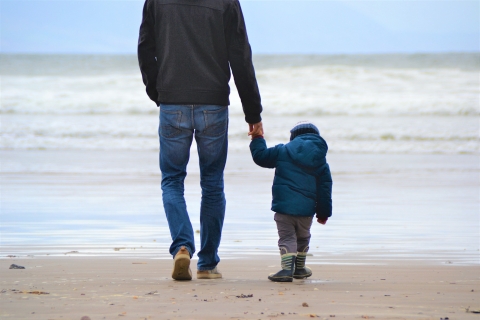 Father and child holding hands walking on beach