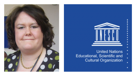 Dr Katharine Jewitt and the logo of the United Nations Education, Scientific and Cultural Organisation