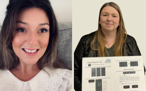 Pictures of Abbey and Amy. Amy is holding a research poster about her app. 