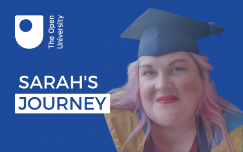 Cutout photograph of Sarah Jones in her graduation cap and gown on a blue background. The OU logo appears in the top left with the words 'SARAH'S JOURNEY' written underneath.