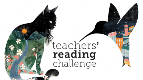 Graphic illustration of a cat and hummingbird around the words (in lowercase) 'teachers' reading challenge'.
