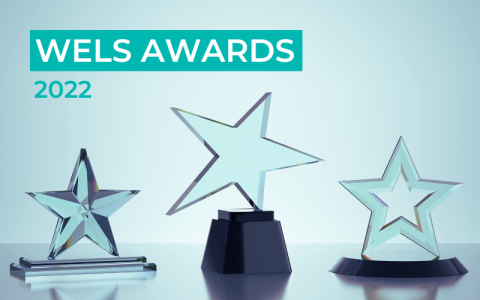 Three glass star trophies are pictured on an aqua background. The text overlaid says: WELS Awards 2022