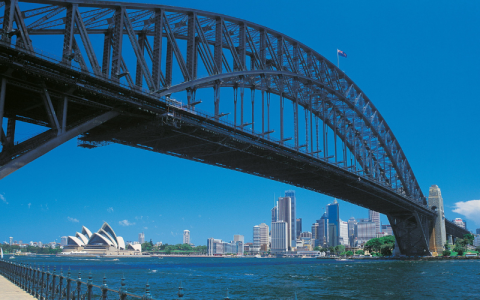 Photograph of Sydney Harbour Bridge in Australia, with the Sydney Opera House in the background.