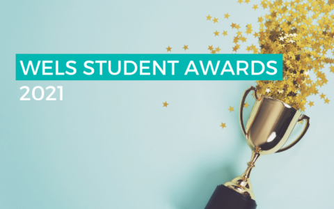Photograph of a trophy on it's side, spilling star confetti on to a clean, blue background. The text "WELS STUDENT AWARDS 2021" is overlaid on top of the image.