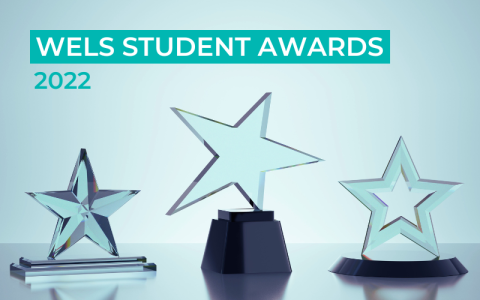Three glass star trophies are pictured on an aqua background. The text overlaid says: WELS Student Awards 2022