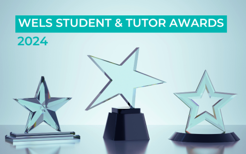 Three star shaped glass trophies, overlaid with the text WELS Student and Tutor Awards 2024