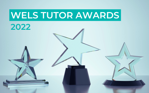 Three glass star trophies are pictured on an aqua background. The text overlaid says: WELS Tutor Awards 2022