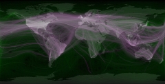 Graphic concept image of an interconnected world - a flat image of all 7 continents with fine purple lines of 'communication' running all over the map.